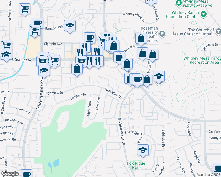 map of restaurants, bars, coffee shops, grocery stores, and more near 2805 Glendevon Circle in Henderson