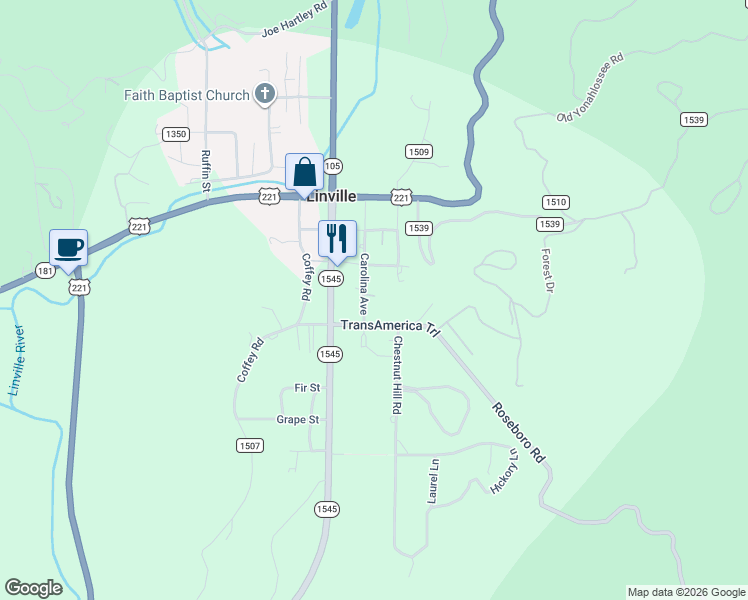 map of restaurants, bars, coffee shops, grocery stores, and more near 58 Carolina Avenue in Linville