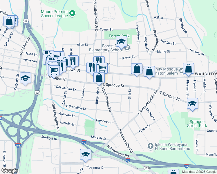 map of restaurants, bars, coffee shops, grocery stores, and more near 920 East Sprague Street in Winston-Salem