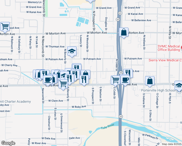 map of restaurants, bars, coffee shops, grocery stores, and more near 94 North Dameron Street in Porterville