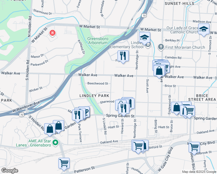 map of restaurants, bars, coffee shops, grocery stores, and more near 704 Longview Street in Greensboro