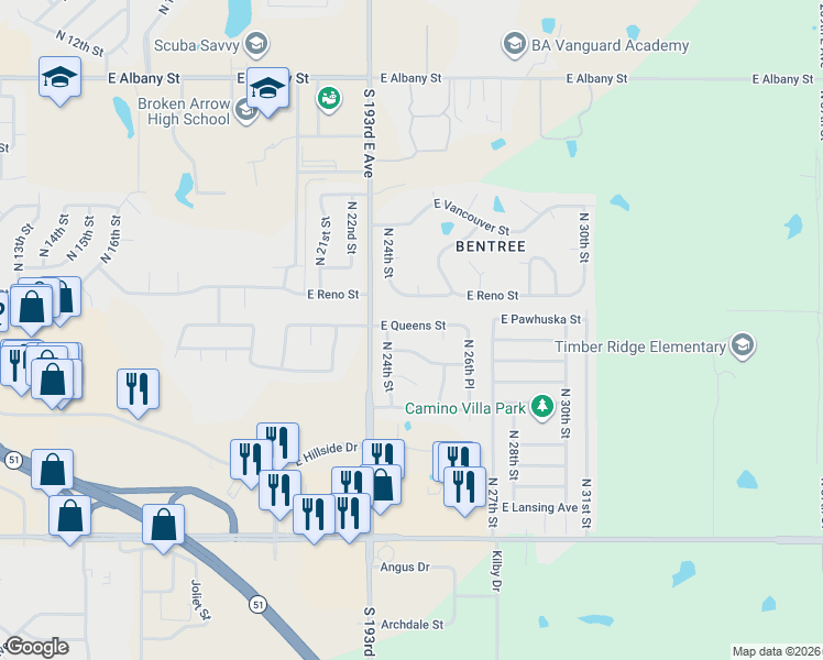 map of restaurants, bars, coffee shops, grocery stores, and more near 2513 East Queens Street in Broken Arrow