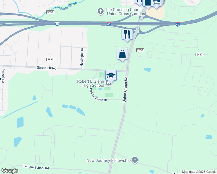 map of restaurants, bars, coffee shops, grocery stores, and more near 1600 Union Cross Road in Kernersville