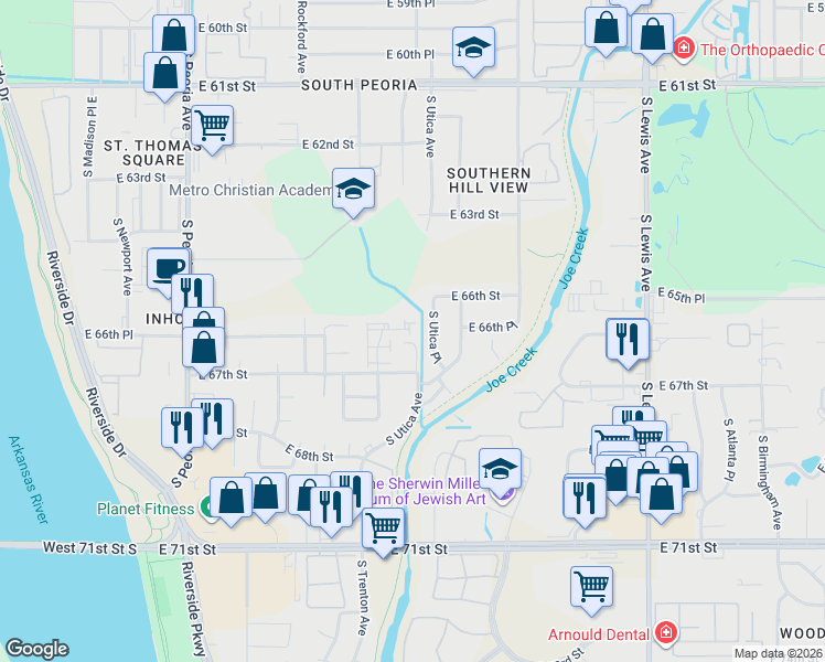 map of restaurants, bars, coffee shops, grocery stores, and more near 1622 East 66th Street in Tulsa