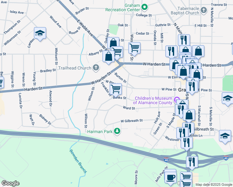 map of restaurants, bars, coffee shops, grocery stores, and more near 511 Banks Street in Graham