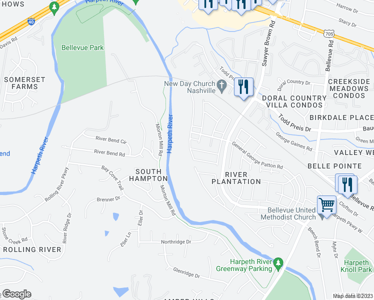 map of restaurants, bars, coffee shops, grocery stores, and more near 1089 General George Patton Road in Nashville