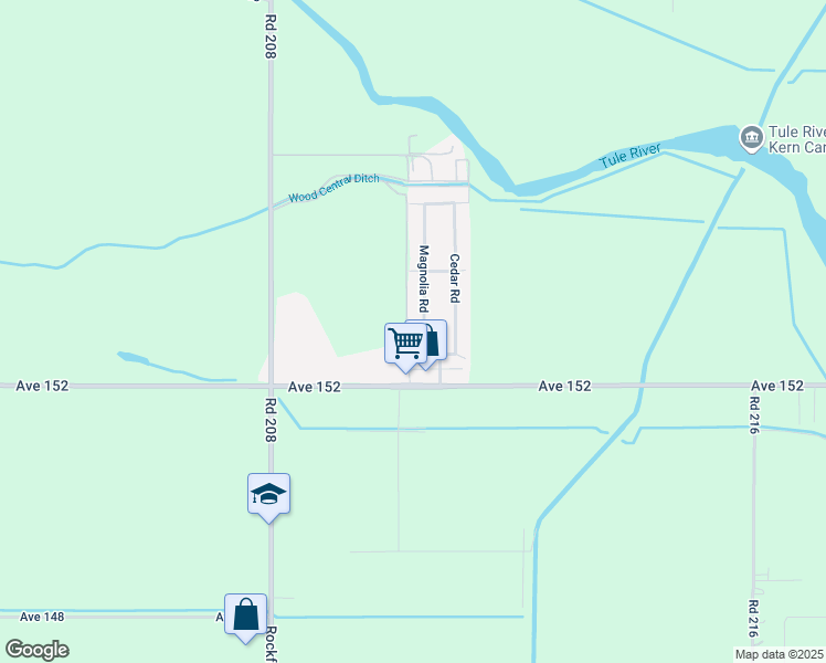 map of restaurants, bars, coffee shops, grocery stores, and more near 15295 Magnolia Road in Porterville