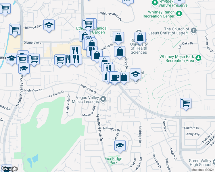 map of restaurants, bars, coffee shops, grocery stores, and more near 69 Chablis Drive in Henderson