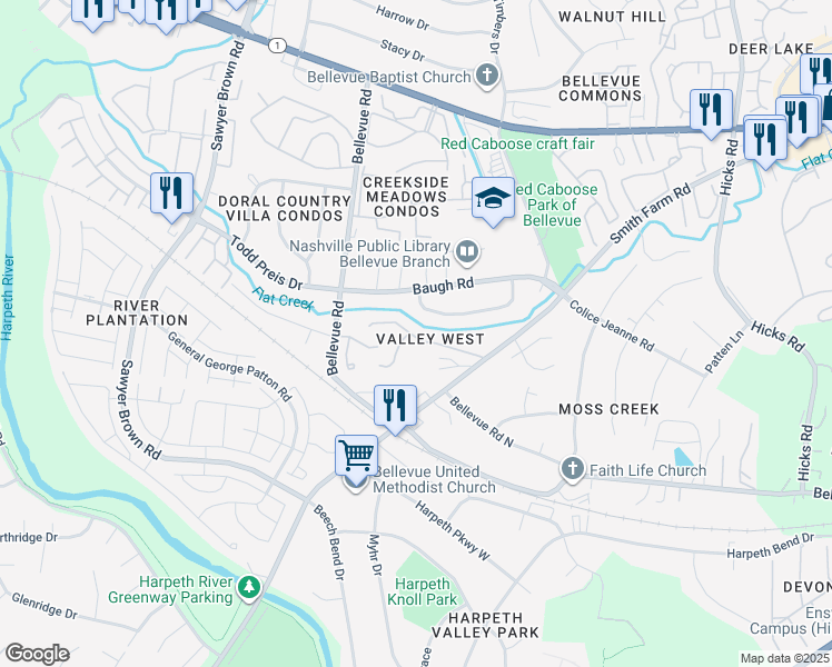 map of restaurants, bars, coffee shops, grocery stores, and more near 424 Belle Pointe Drive in Nashville