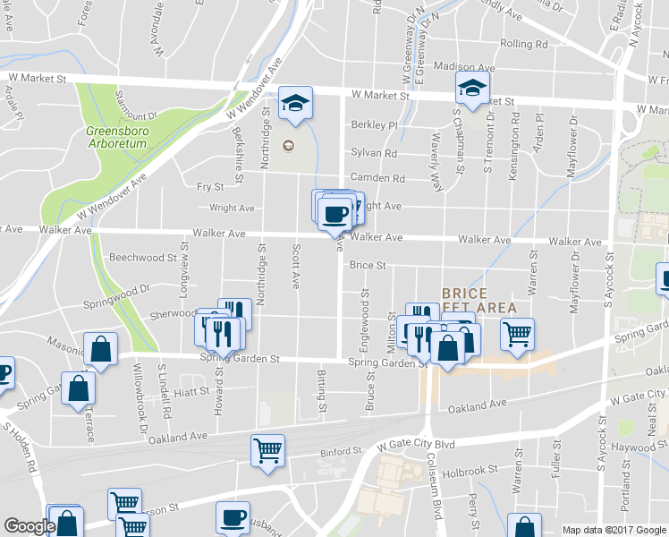 map of restaurants, bars, coffee shops, grocery stores, and more near 702 South Elam Avenue in Greensboro