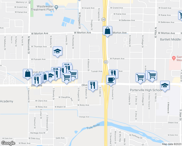 map of restaurants, bars, coffee shops, grocery stores, and more near 1105 Tomah Avenue in Porterville