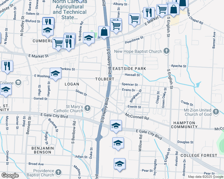 map of restaurants, bars, coffee shops, grocery stores, and more near 705 South O Henry Boulevard in Greensboro