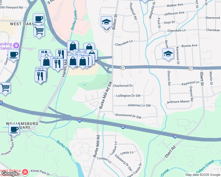 map of restaurants, bars, coffee shops, grocery stores, and more near 1640 Sandersted Road Southwest in Winston-Salem