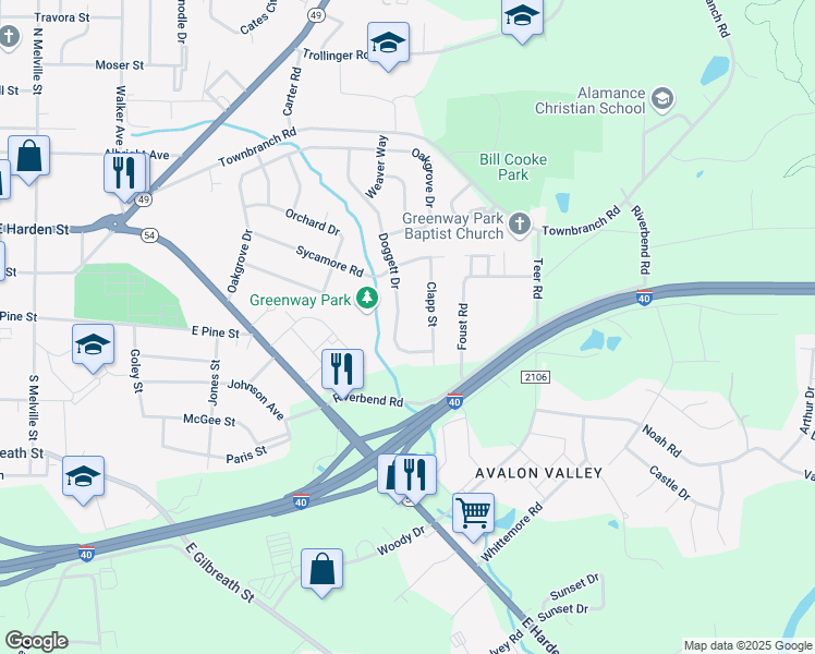 map of restaurants, bars, coffee shops, grocery stores, and more near 318 Doggett Drive in Graham