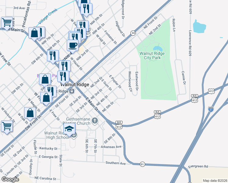 map of restaurants, bars, coffee shops, grocery stores, and more near 313 Northeast 4th Street in Walnut Ridge