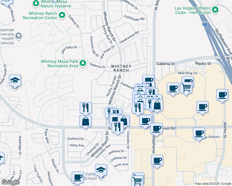 map of restaurants, bars, coffee shops, grocery stores, and more near 1473 Harmony Hill Drive in Henderson