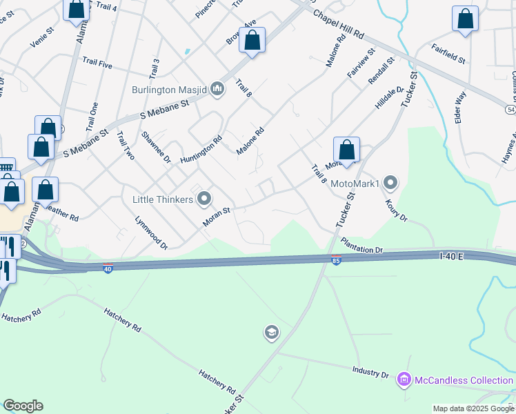 map of restaurants, bars, coffee shops, grocery stores, and more near 2438 Moran Street in Burlington