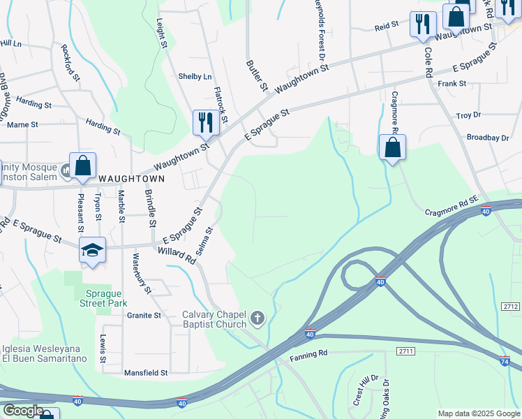 map of restaurants, bars, coffee shops, grocery stores, and more near 2333 Leight Street in Winston-Salem