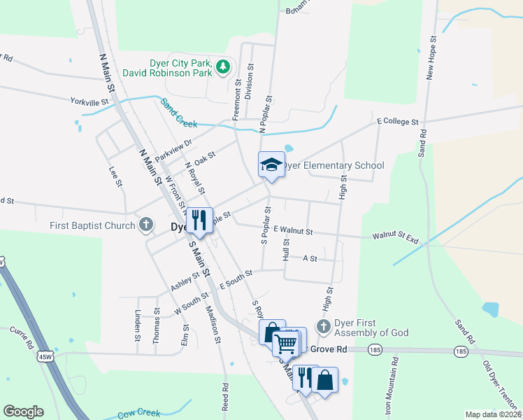 map of restaurants, bars, coffee shops, grocery stores, and more near 142 S Poplar St in Dyer
