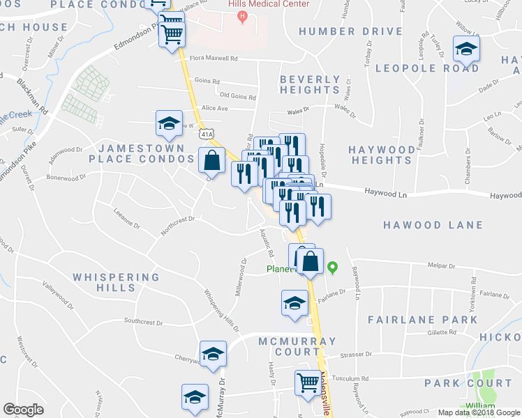 map of restaurants, bars, coffee shops, grocery stores, and more near 120 Northcrest Commons Circle in Nashville