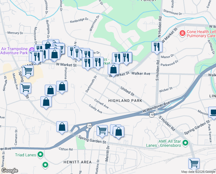 map of restaurants, bars, coffee shops, grocery stores, and more near 4316 Princeton Avenue in Greensboro