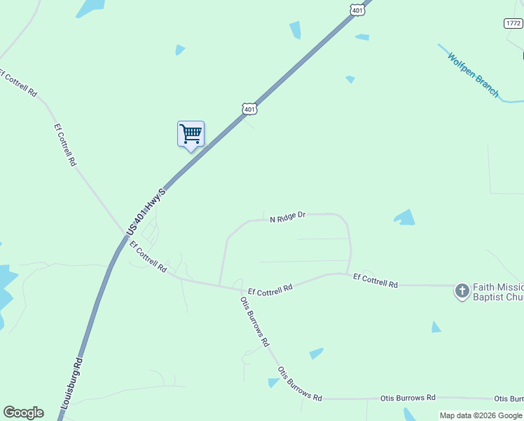 map of restaurants, bars, coffee shops, grocery stores, and more near 135 North Ridge Drive in Louisburg