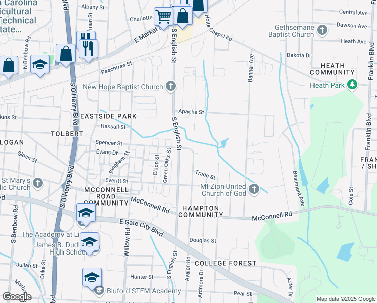 map of restaurants, bars, coffee shops, grocery stores, and more near 804 Avalon Road in Greensboro