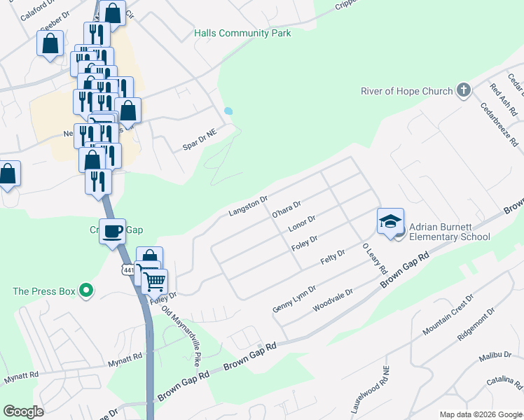 map of restaurants, bars, coffee shops, grocery stores, and more near 6621 O Brien Road in Knoxville