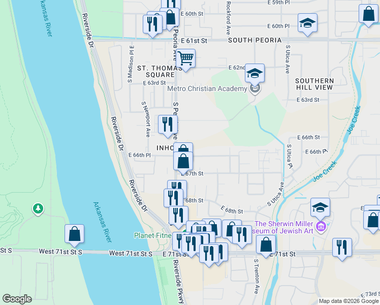 map of restaurants, bars, coffee shops, grocery stores, and more near 1313 East 66th Place in Tulsa