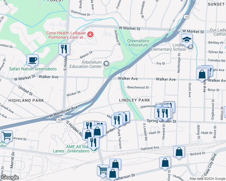 map of restaurants, bars, coffee shops, grocery stores, and more near 517 Park Terrace in Greensboro