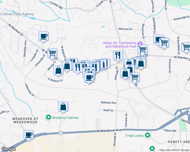 map of restaurants, bars, coffee shops, grocery stores, and more near 4925 West Market Street in Greensboro