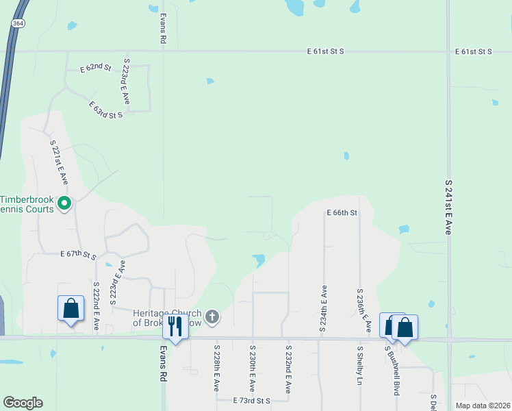 map of restaurants, bars, coffee shops, grocery stores, and more near 6550 South 232nd East Avenue in Broken Arrow