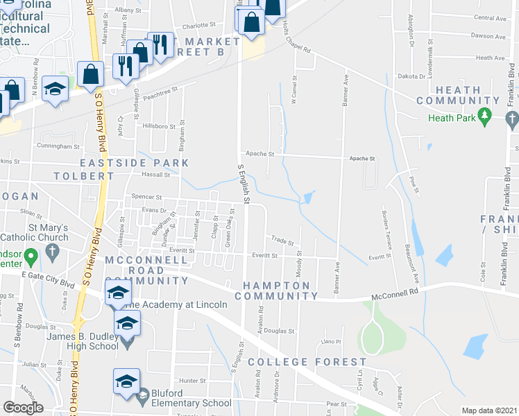 map of restaurants, bars, coffee shops, grocery stores, and more near 804 Avalon Road in Greensboro