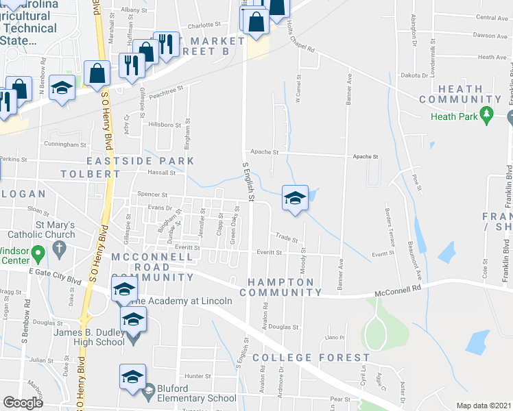 map of restaurants, bars, coffee shops, grocery stores, and more near 801 South English Street in Greensboro