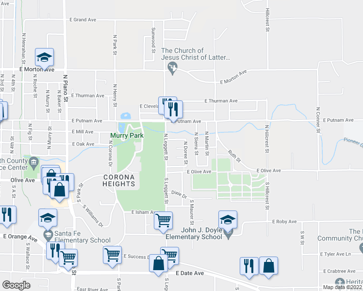 map of restaurants, bars, coffee shops, grocery stores, and more near 874 East Mohoff Court in Porterville