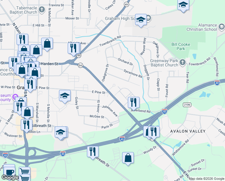 map of restaurants, bars, coffee shops, grocery stores, and more near 514 East Harden Street in Graham