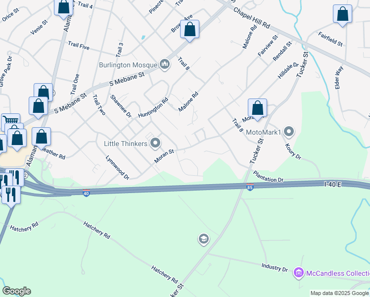 map of restaurants, bars, coffee shops, grocery stores, and more near 2450 Moran Street in Burlington