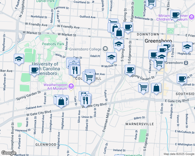 map of restaurants, bars, coffee shops, grocery stores, and more near 312 Jackson Street in Greensboro