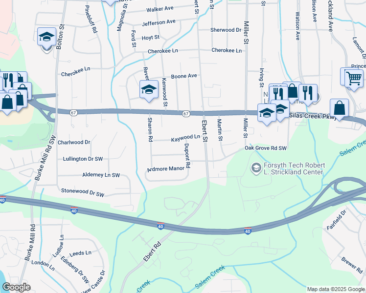 map of restaurants, bars, coffee shops, grocery stores, and more near 1610 Dupont Road in Winston-Salem
