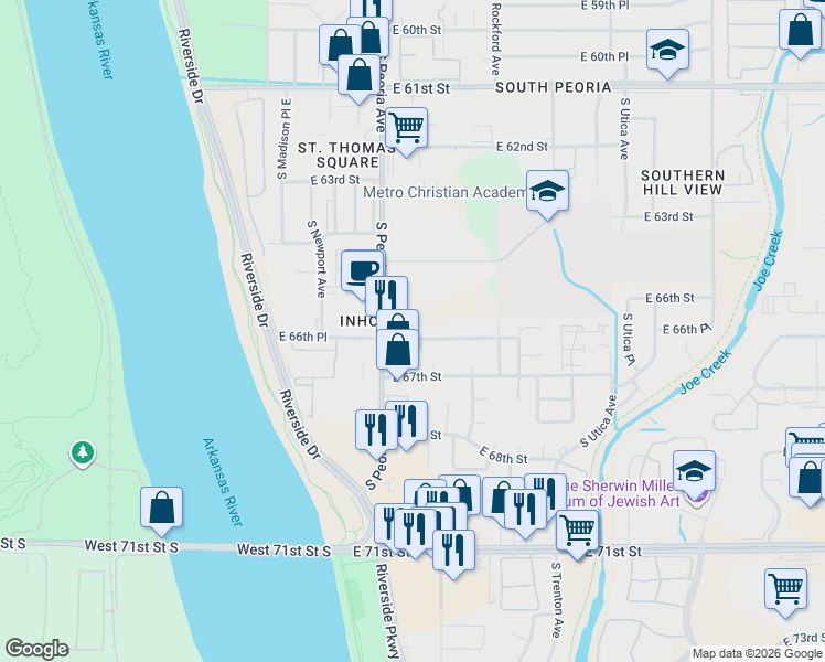 map of restaurants, bars, coffee shops, grocery stores, and more near 1313 East 66th Place in Tulsa