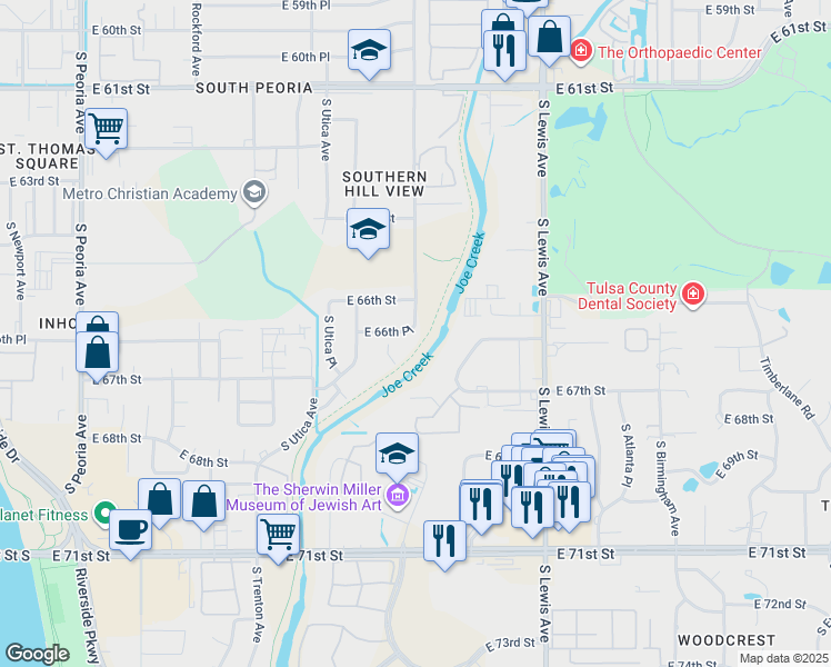 map of restaurants, bars, coffee shops, grocery stores, and more near 1904 East 66th Place in Tulsa