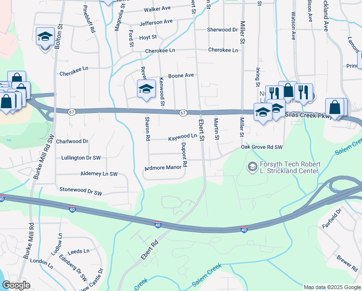 map of restaurants, bars, coffee shops, grocery stores, and more near 1610 Dupont Road in Winston-Salem