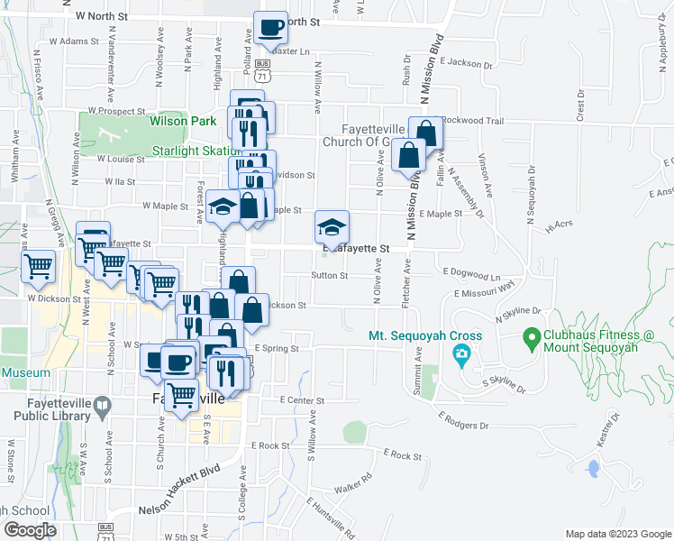 map of restaurants, bars, coffee shops, grocery stores, and more near 324 Sutton Street in Fayetteville