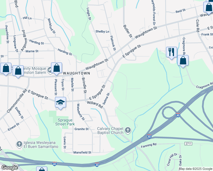 map of restaurants, bars, coffee shops, grocery stores, and more near 1776 East Sprague Street in Winston-Salem