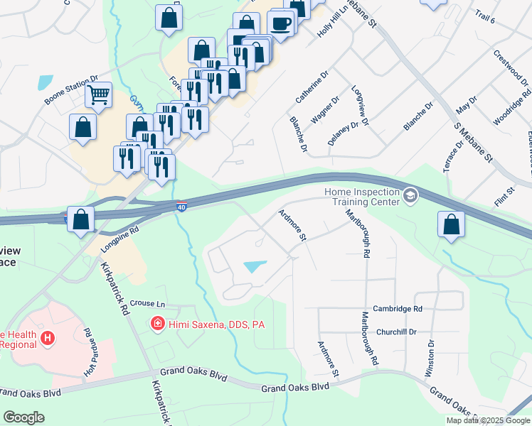 map of restaurants, bars, coffee shops, grocery stores, and more near 2709 White Oak Drive in Burlington