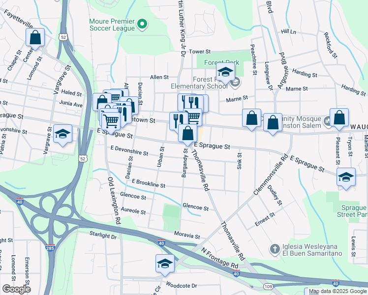 map of restaurants, bars, coffee shops, grocery stores, and more near 838 East Sprague Street in Winston-Salem