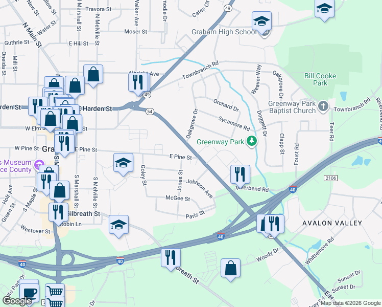 map of restaurants, bars, coffee shops, grocery stores, and more near 608 East Pine Street in Graham