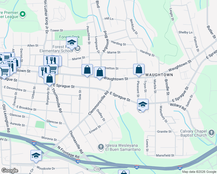 map of restaurants, bars, coffee shops, grocery stores, and more near 1311 Clemmonsville Road in Winston-Salem