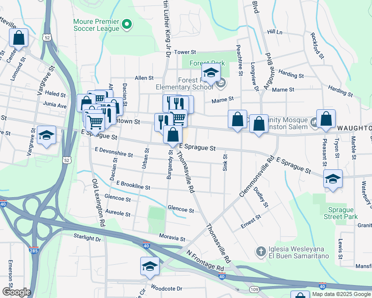 map of restaurants, bars, coffee shops, grocery stores, and more near 920 East Sprague Street in Winston-Salem