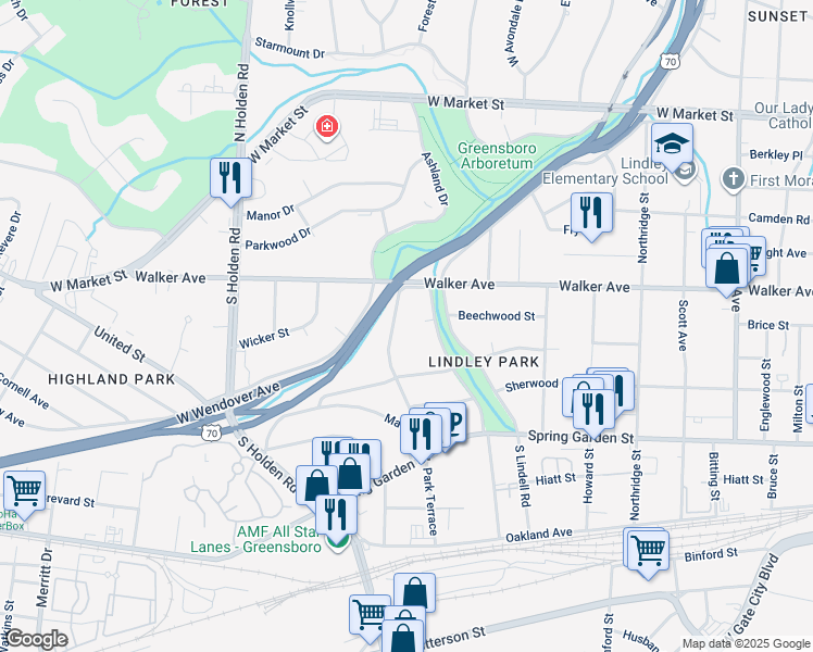 map of restaurants, bars, coffee shops, grocery stores, and more near 517 Park Terrace in Greensboro
